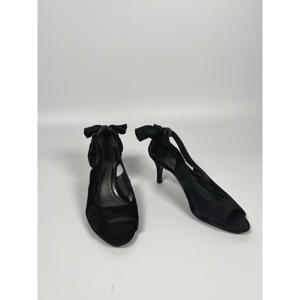VTG Slingback Kitten Heels Women 6 Black Peep Toe Bow 90 Minimalist Capsule Chic